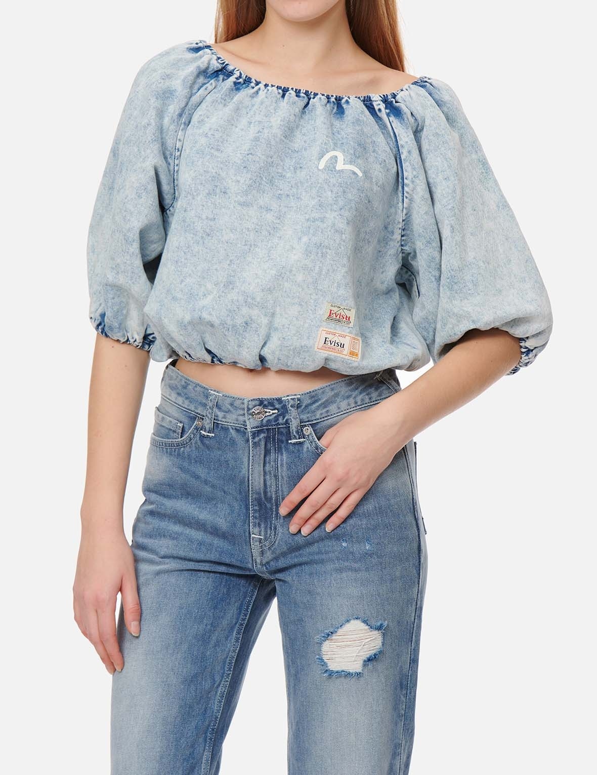 PUFF-SLEEVES CROPPED DENIM BLOUSE - 4