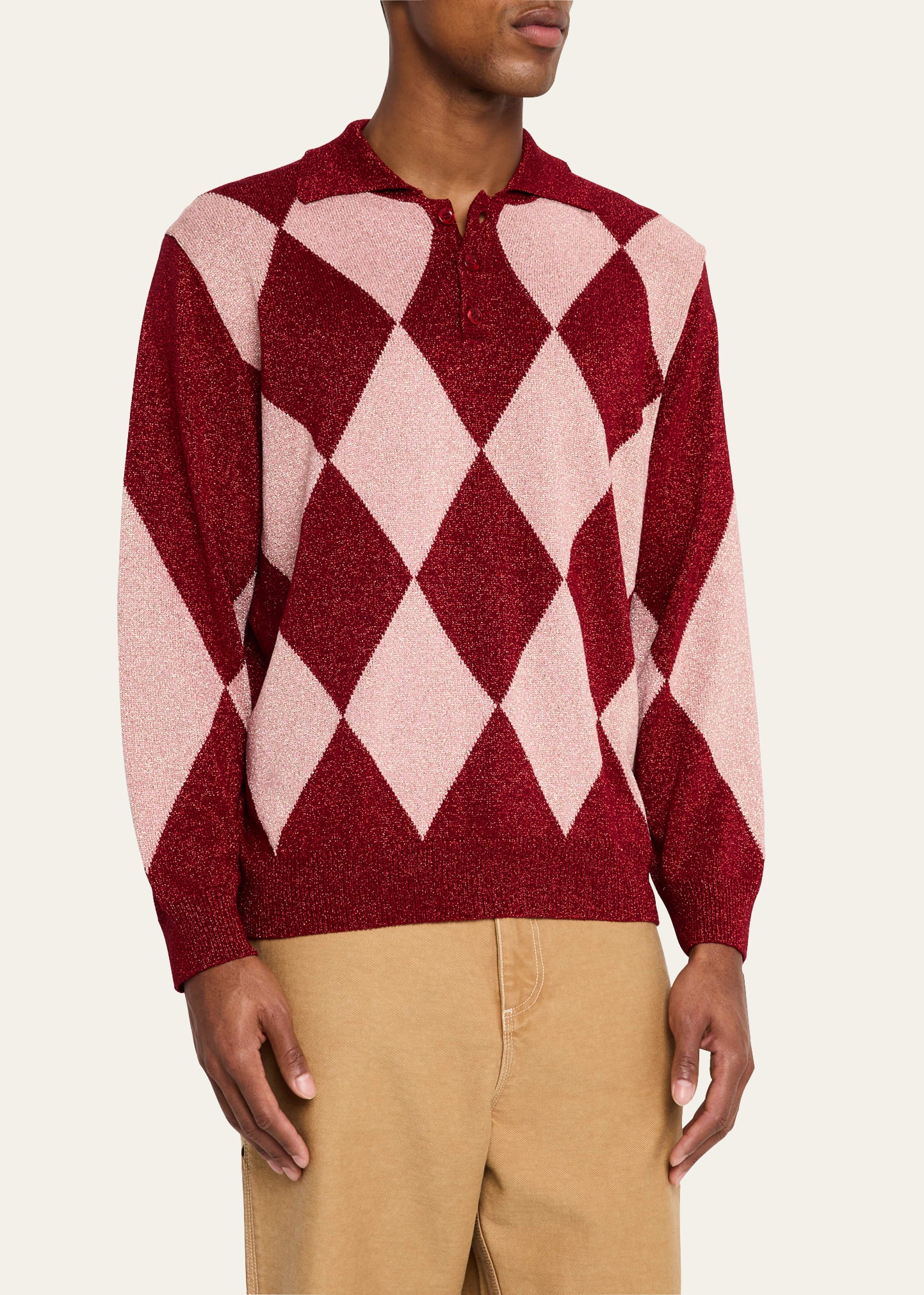 Men's Lurex Argyle Knit Polo Shirt - 4