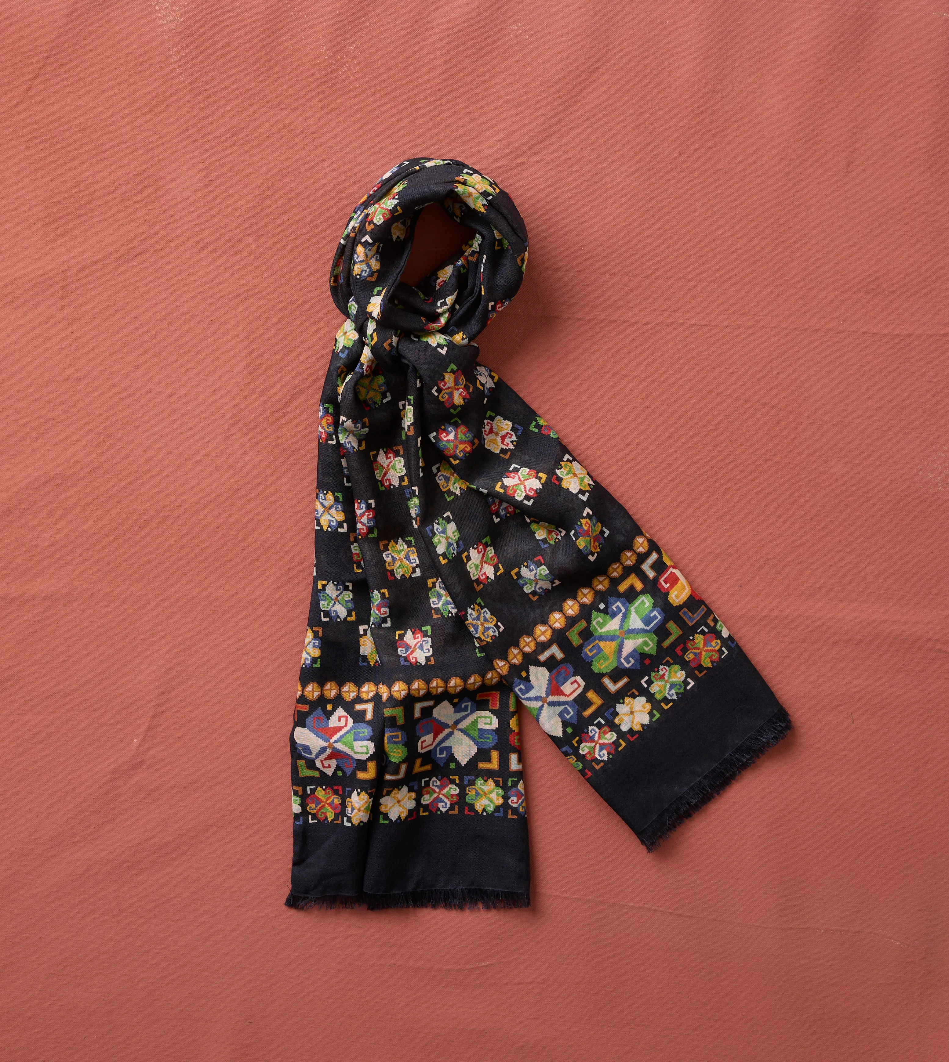 Navy Carpet Print Tubular Wool-Silk Scarf - 1