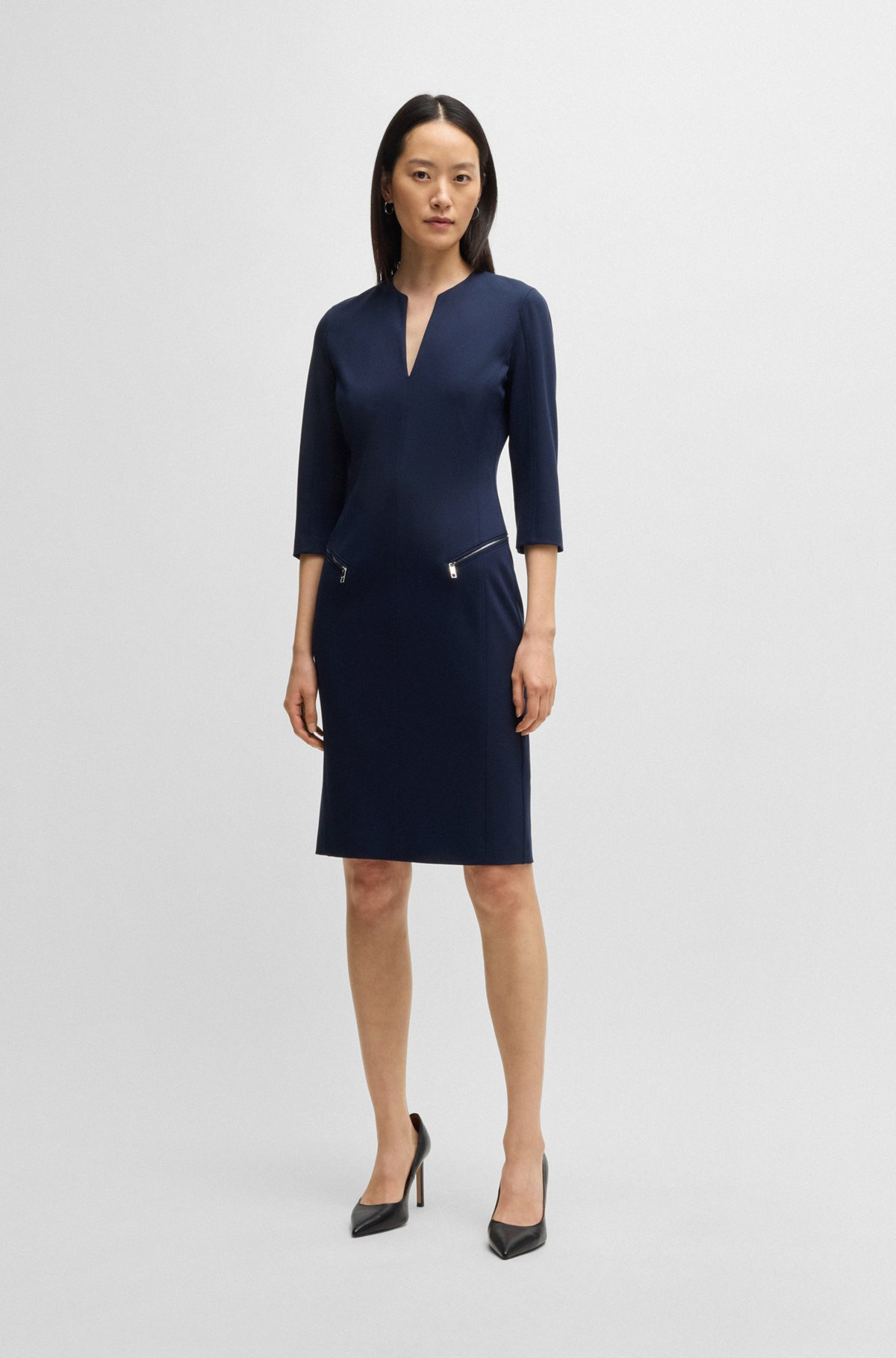 V-NECK DRESS WITH ZIPPED POCKETS AND CROPPED SLEEVES - 3