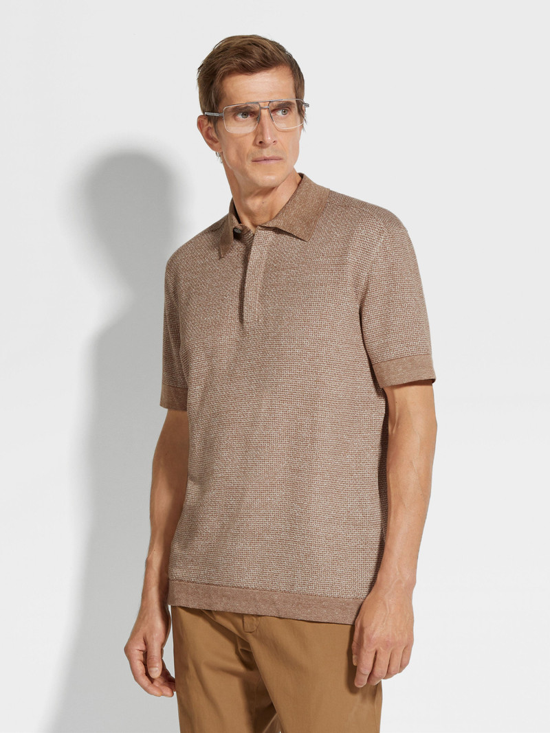 DARK BEIGE COTTON LINEN AND SILK POLO SHIRT 4