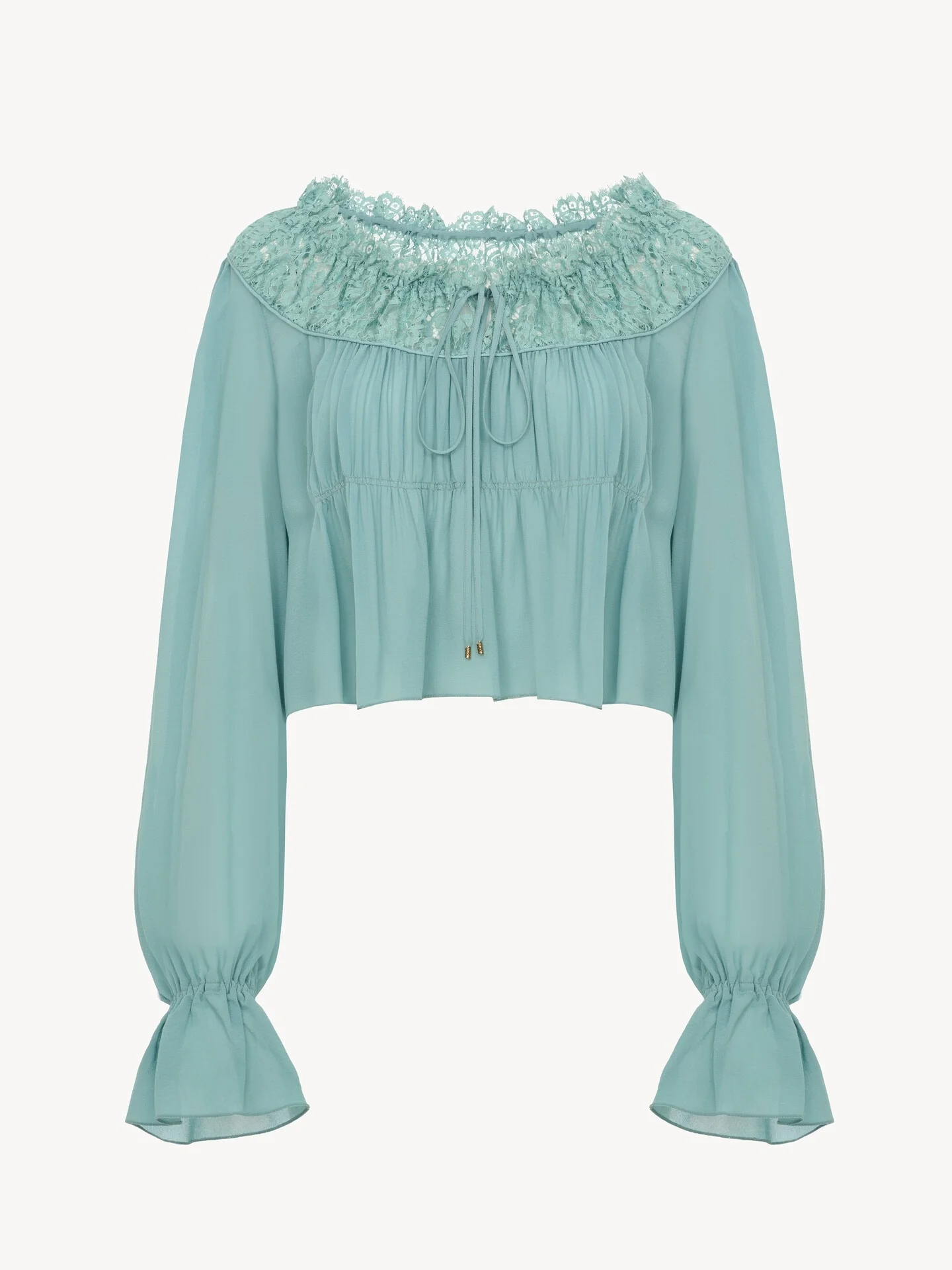 SCOOP-NECK CROPPED TOP IN SILK GEORGETTE & LACE - 1