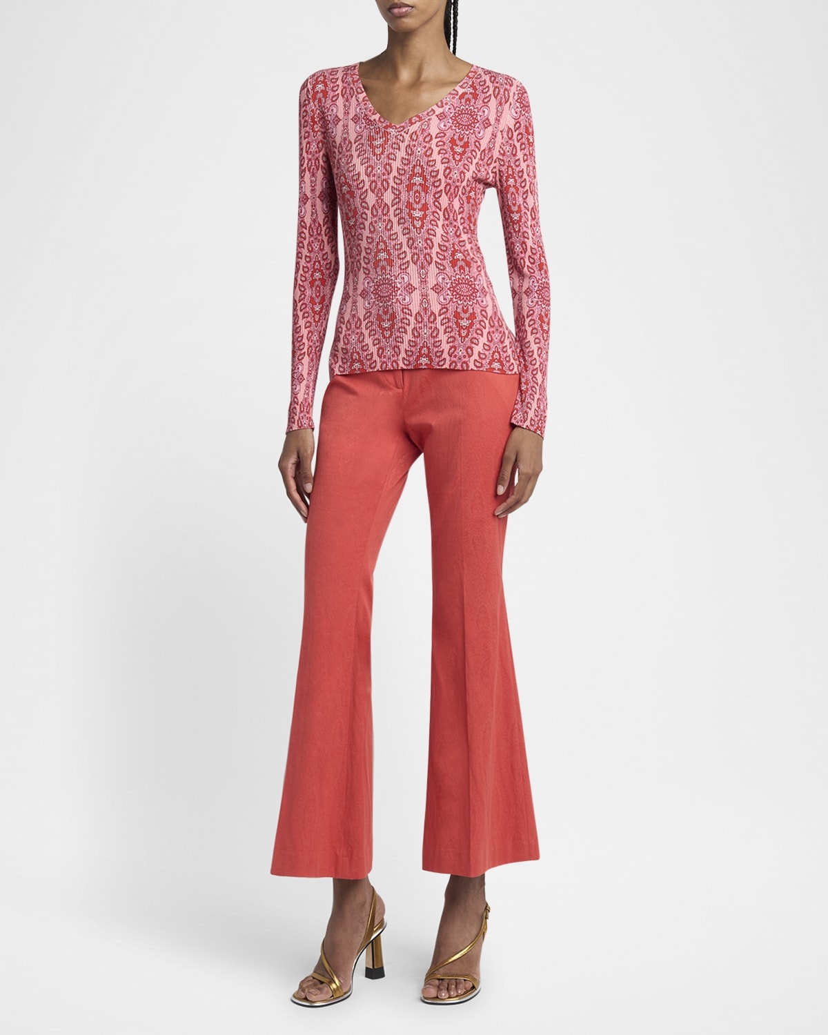 Pink Medallion Ribbed V-Neck Sweater - 4