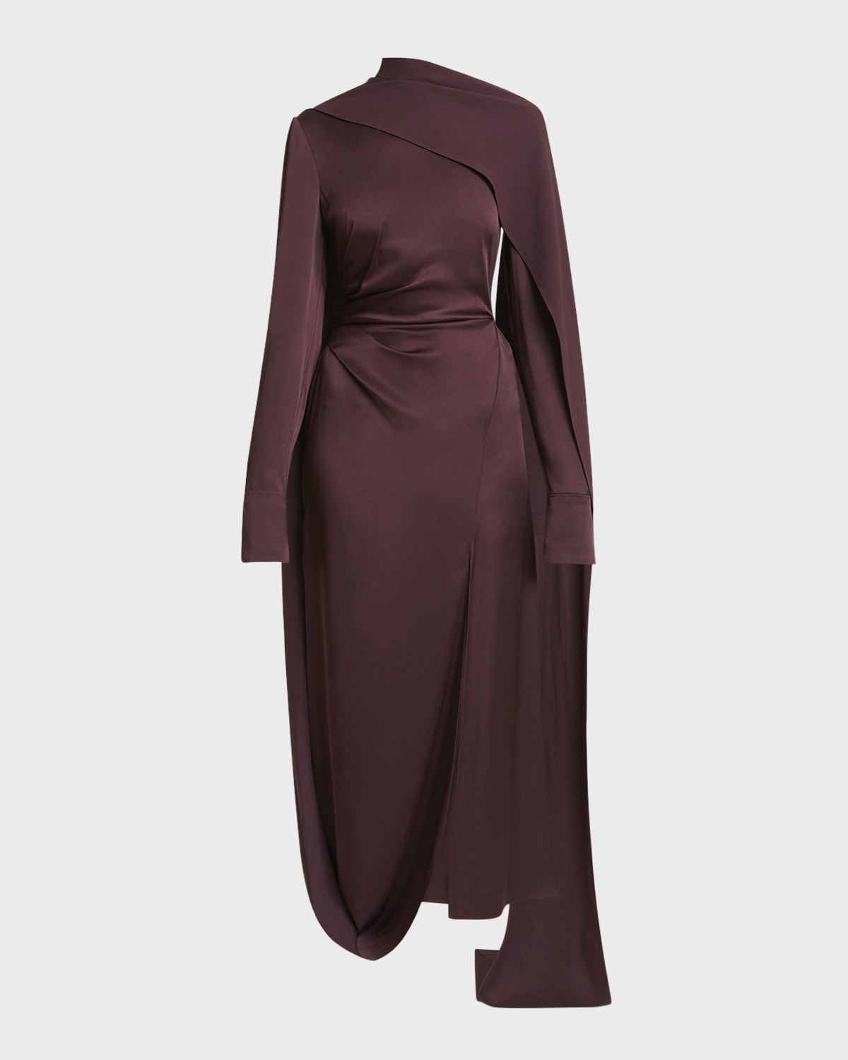 Long-Sleeve Draped Scarf Satin Maxi Dress - 1