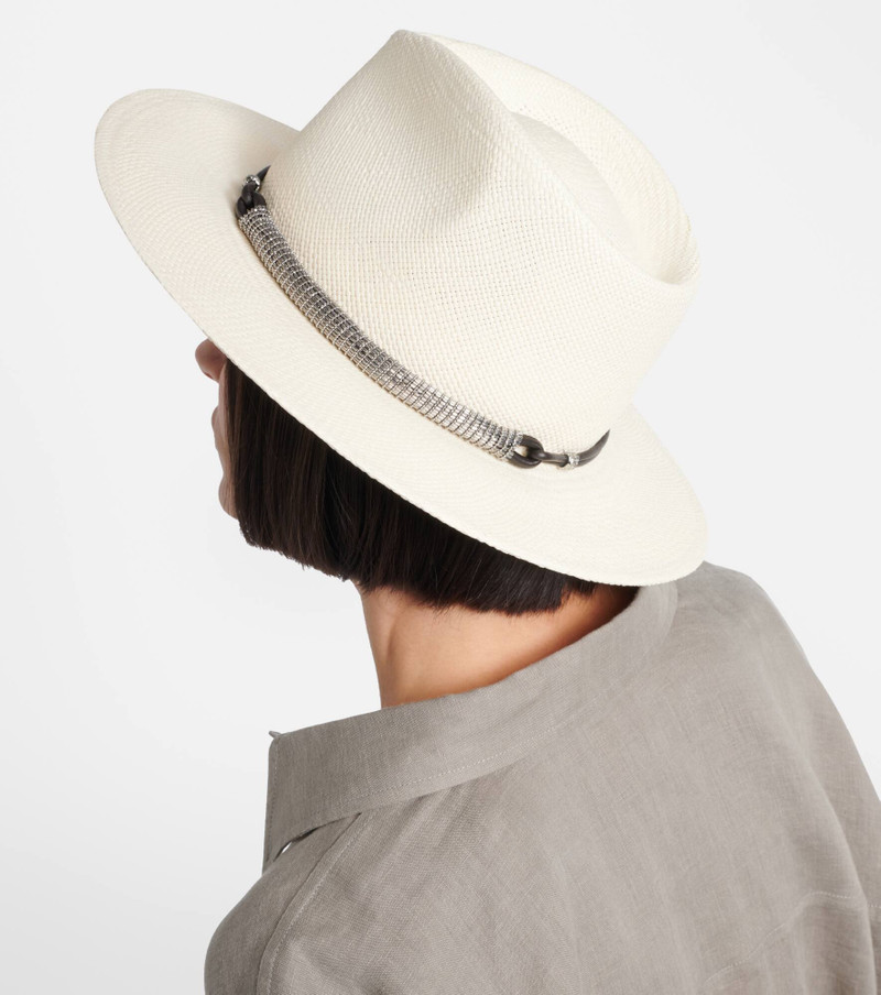 Brunello Cucinelli Leather-trimmed straw fedora hat outlook