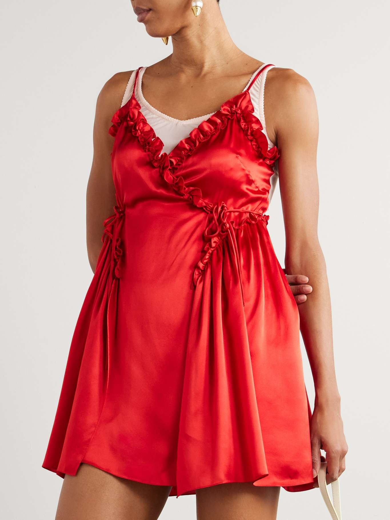 Ruffled pleated jersey-trimmed silk-satin mini dress Red - 3