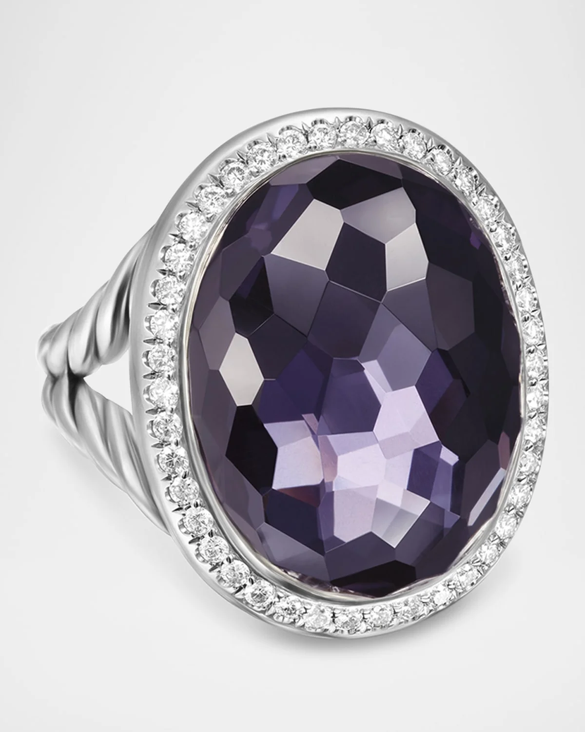 Oval Ring with Gemstone and Diamonds in Silver, 24.5x21mm - 1