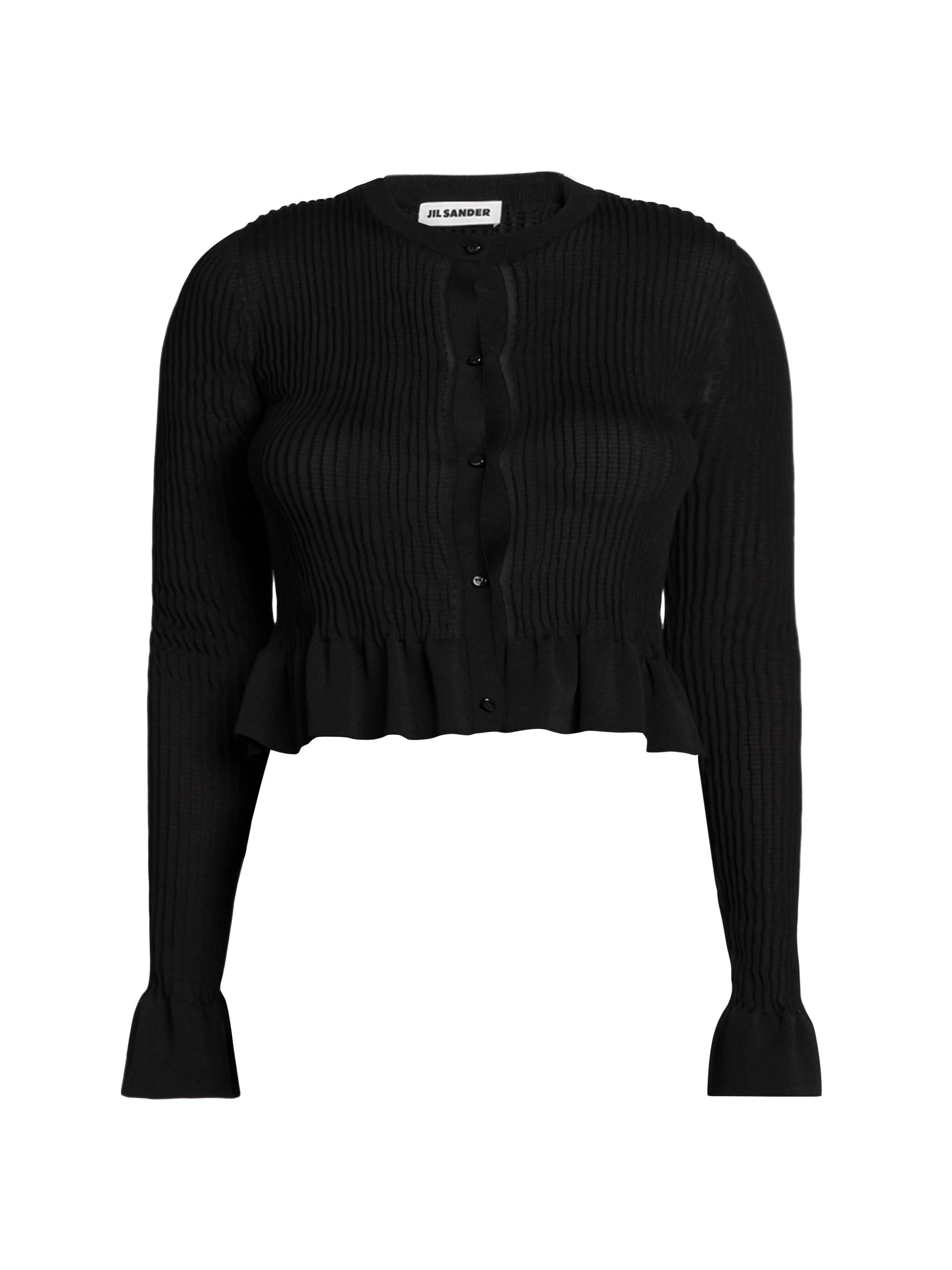 Women's Frill-Trim Rib-Knit Cardigan - Black - 1