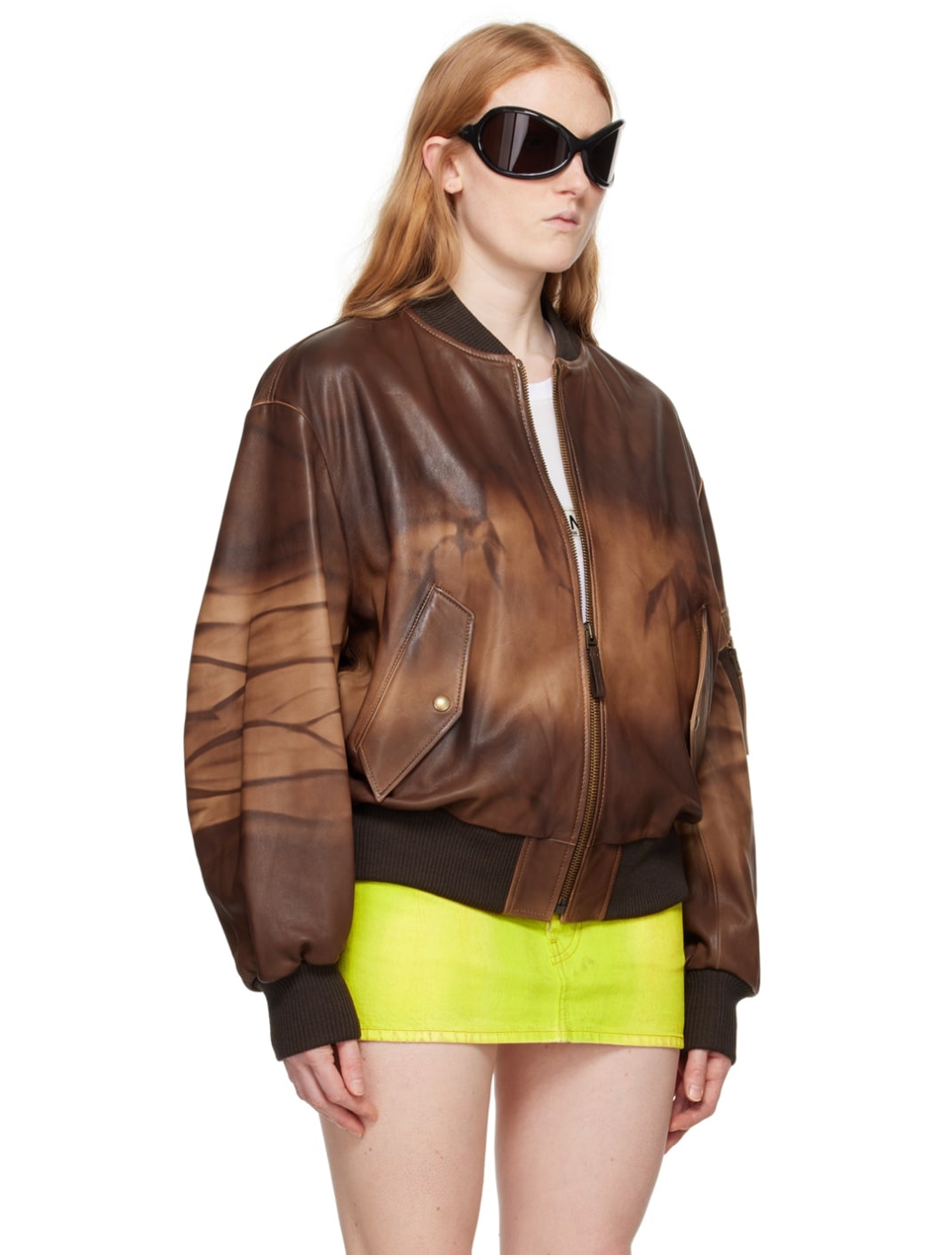 Brown Relaxed Fit Leather Bomber Jacket - 2