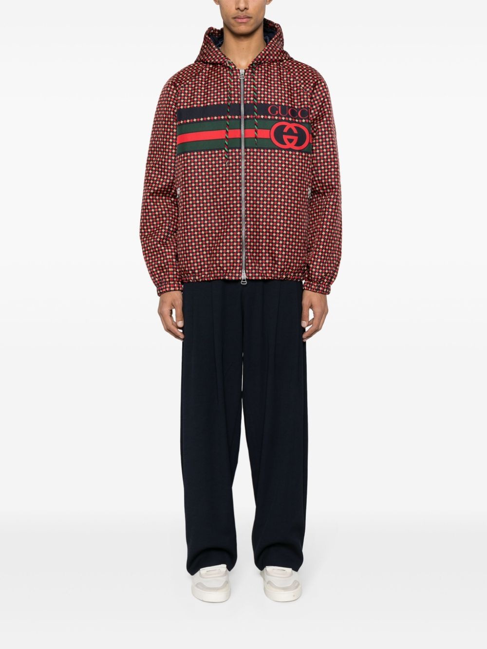 geometric-houndstooth hooded zip jacket - 2