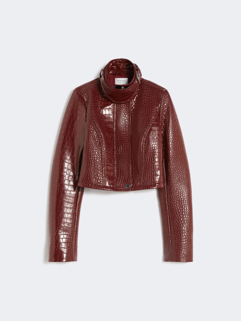 SULTANO Patent leather cropped jacket with alligator print - DARK RED 1