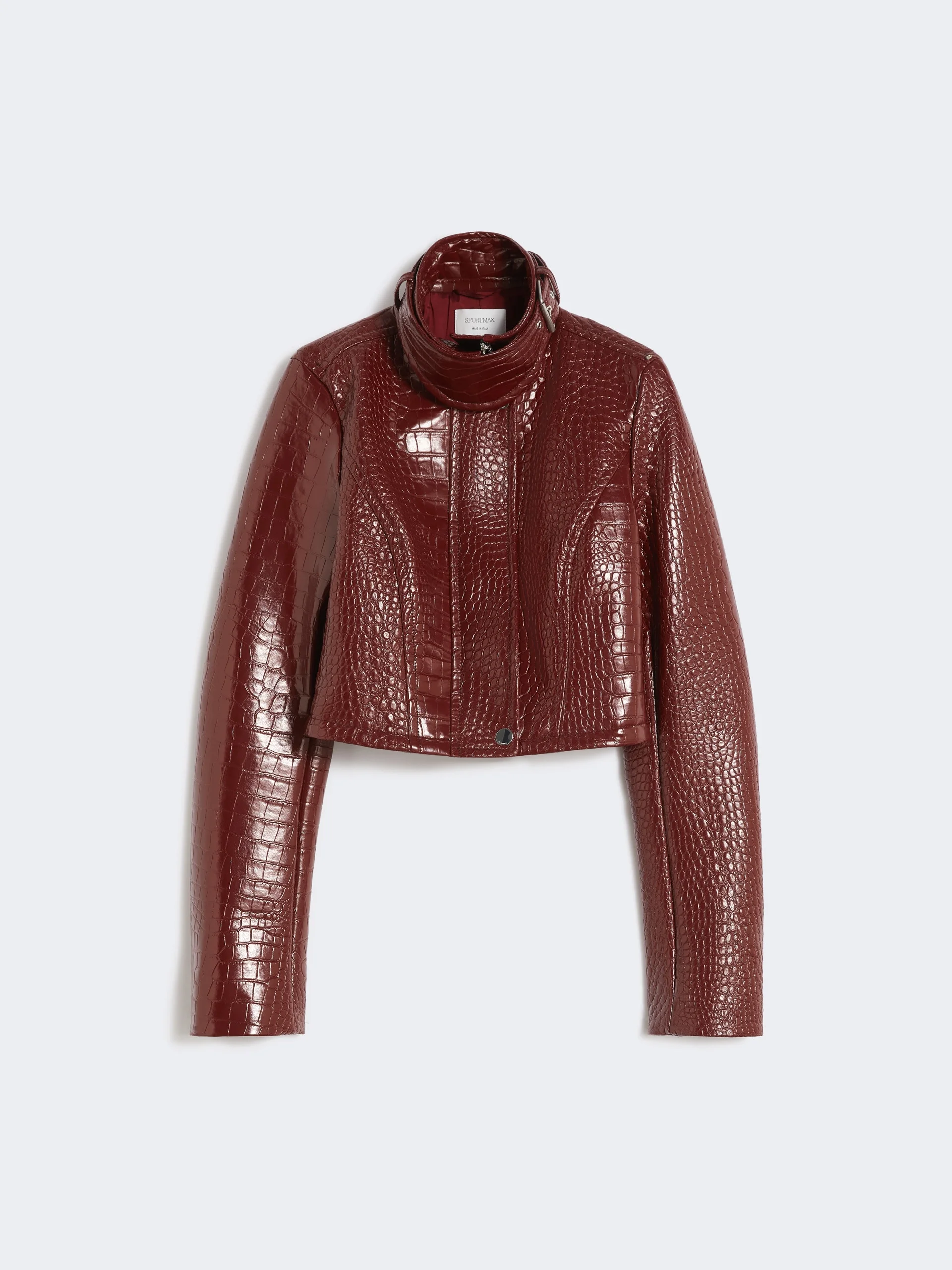Patent leather cropped jacket with alligator print - DARK RED - 1