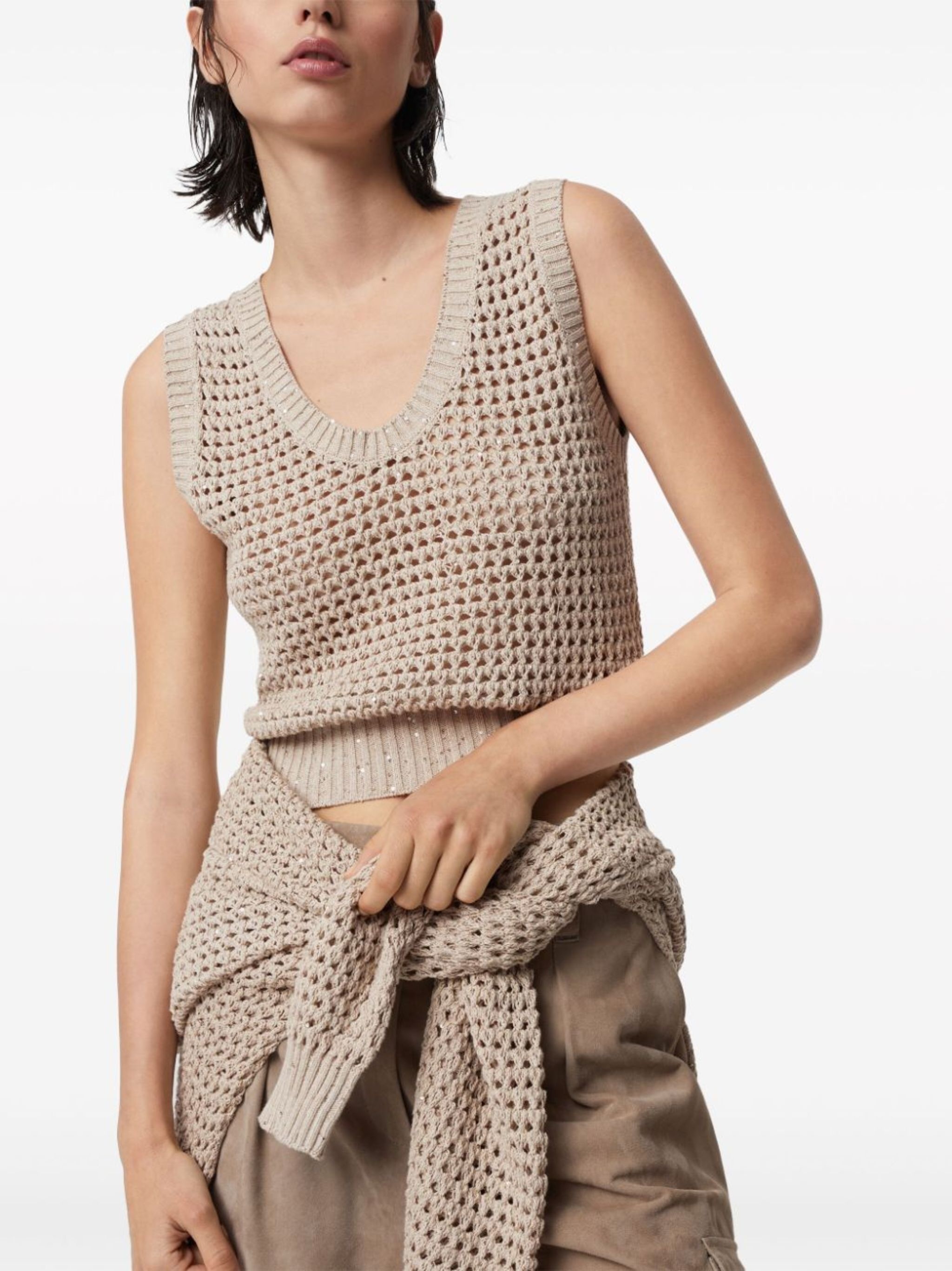 sequin-embellished open-knit vest - 6