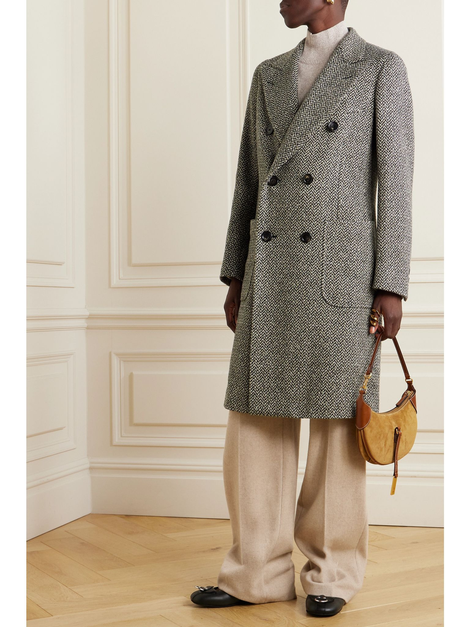 Herwin double-breasted herringbone linen and cashmere-blend coat Gray - 3