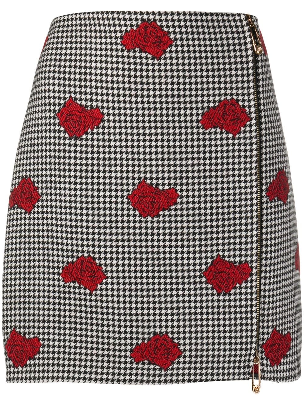 rose-embroidered houndstooth wool skirt - 1