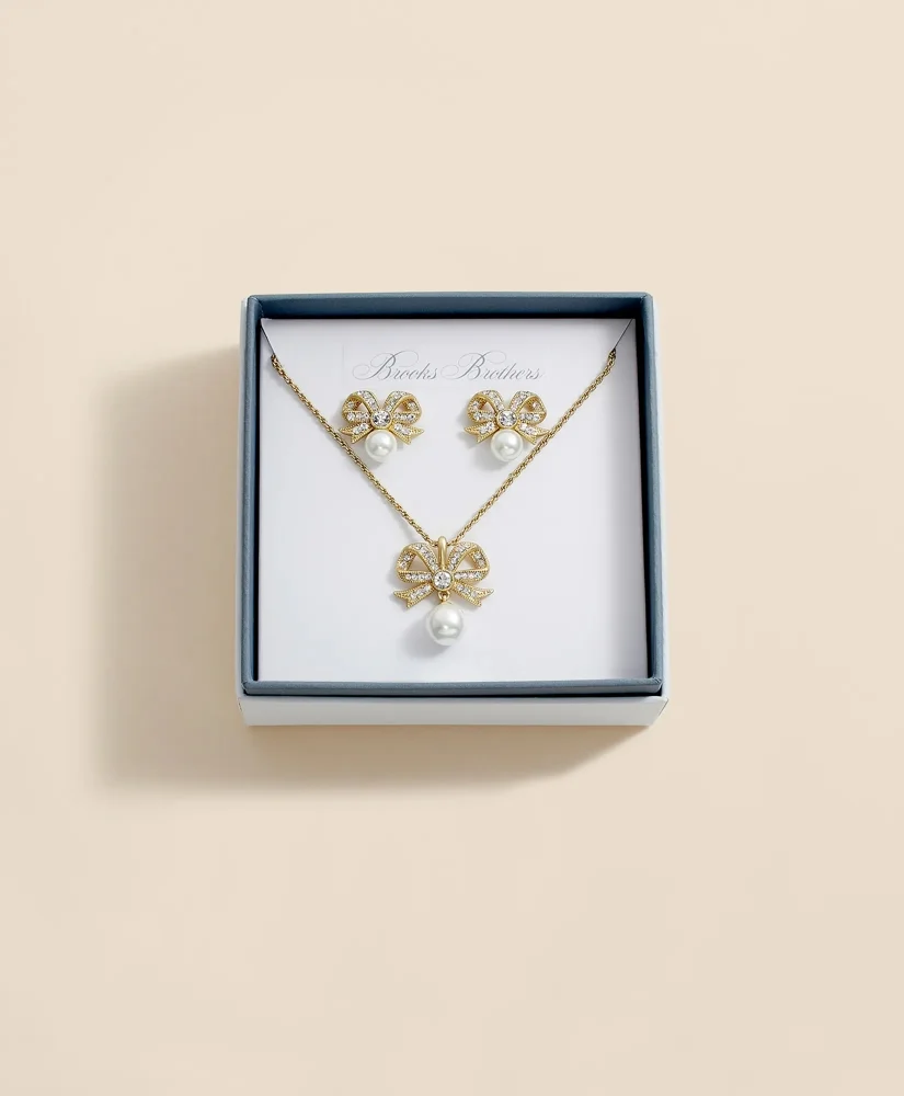 Faux Pearl & Crystal Pave Bow Pendant and Earrings Set - 1
