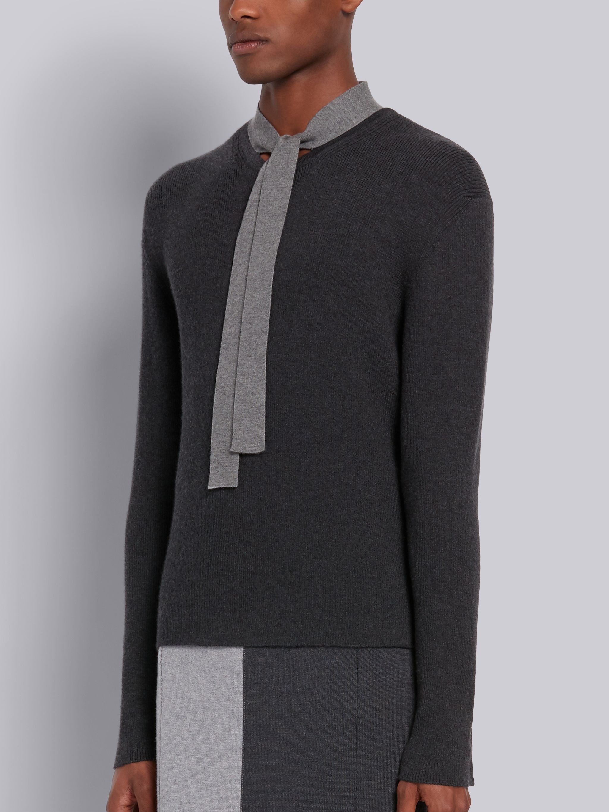 Dark Grey Cashmere Rib Neck Tie Crewneck Pullover - 2