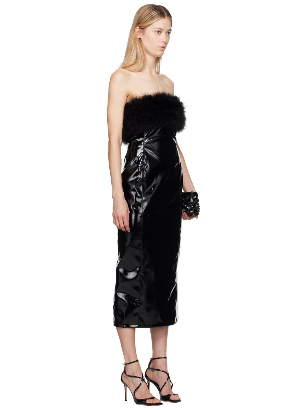 Black Marabou Feather Faux-Leather Midi Dress - 2