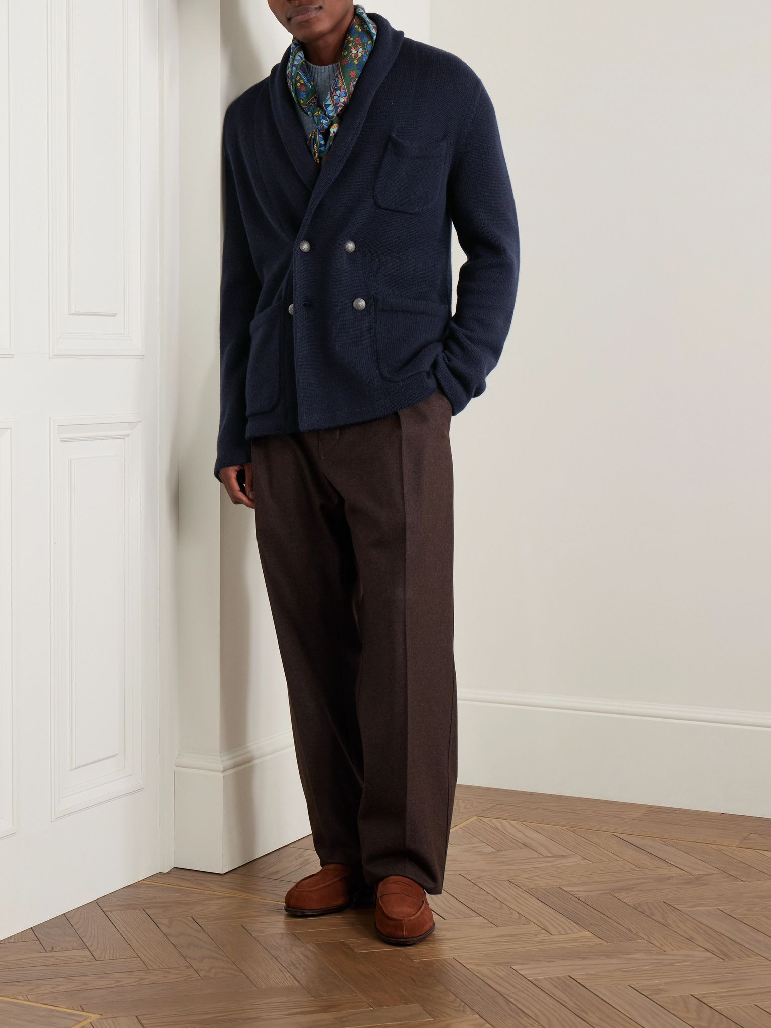 Double-Breasted Shawl-Collar Cashmere Cardigan Blue - 2