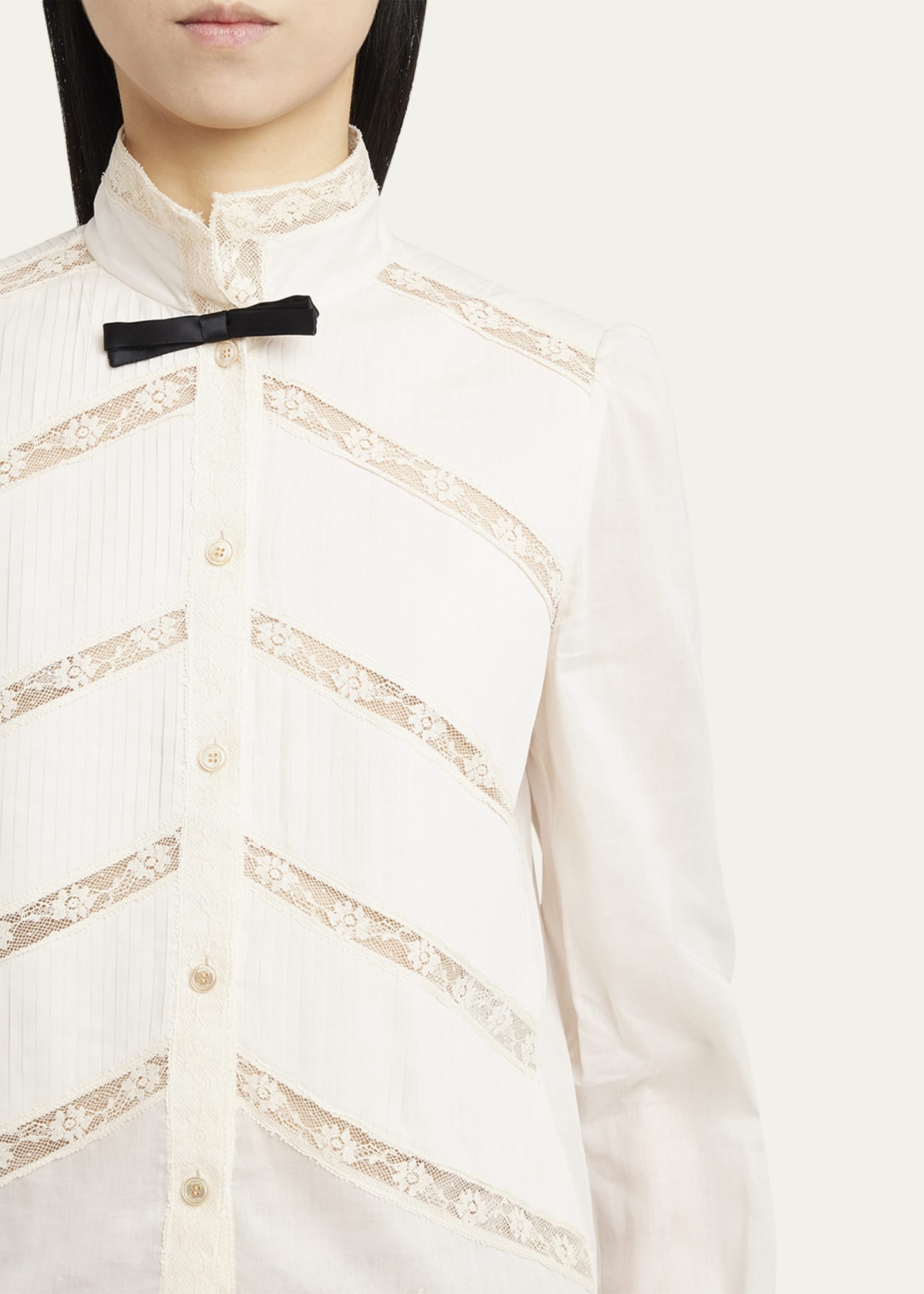 Lace-Inset Pintuck Cotton Blouse - 5