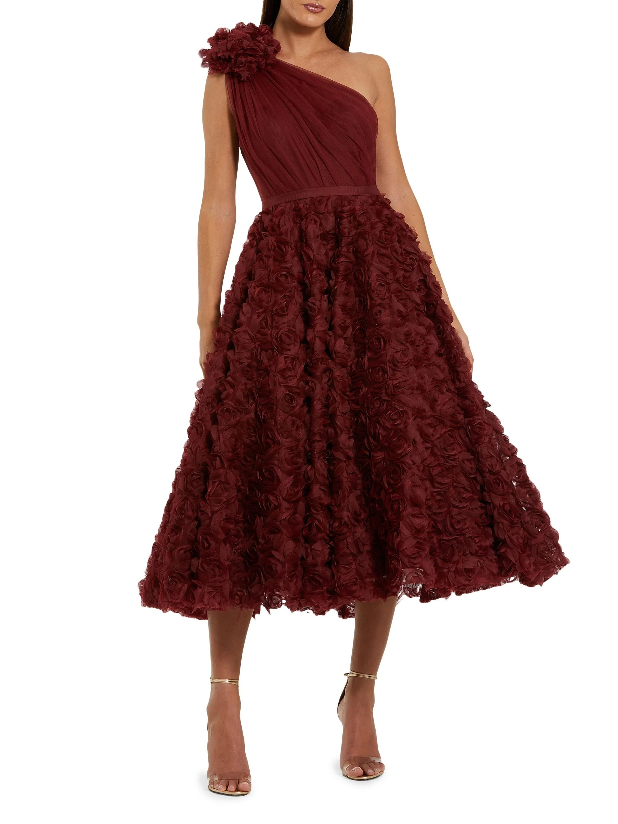 Women's One-Shoulder 3D Flower Tea-Length Dress - Wine - 1