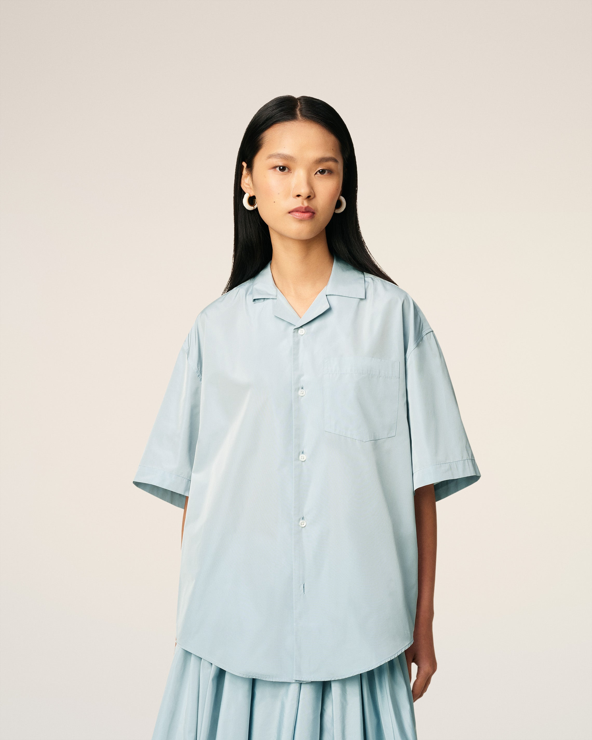 BLUE TAFFETAS SHORT SLEEVED BOXY SHIRT - 3