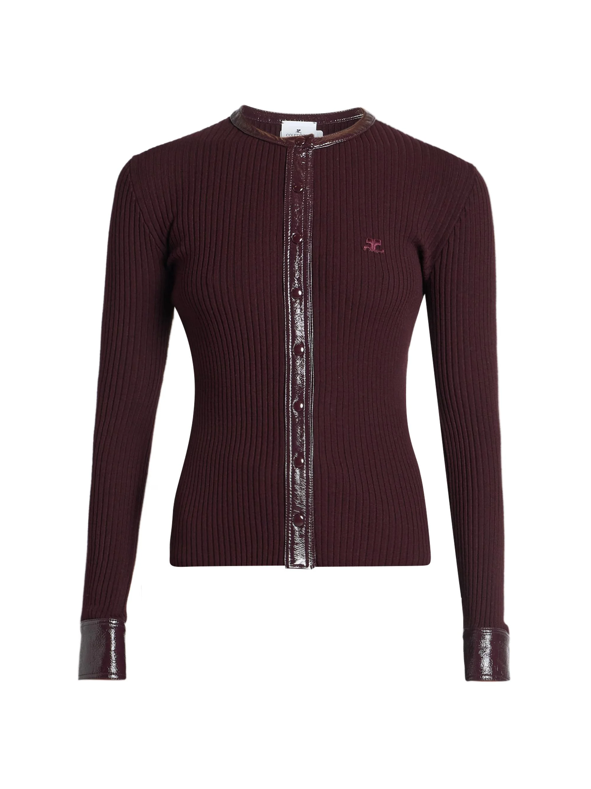 Women's Faux-Leather-Trim Logo Cardigan - Burgundy - 1