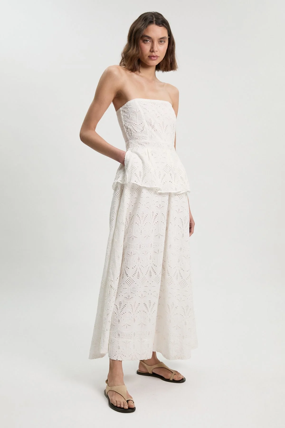 Petite Cotton Broderie Peplum Bandeau Midi Dress - 1