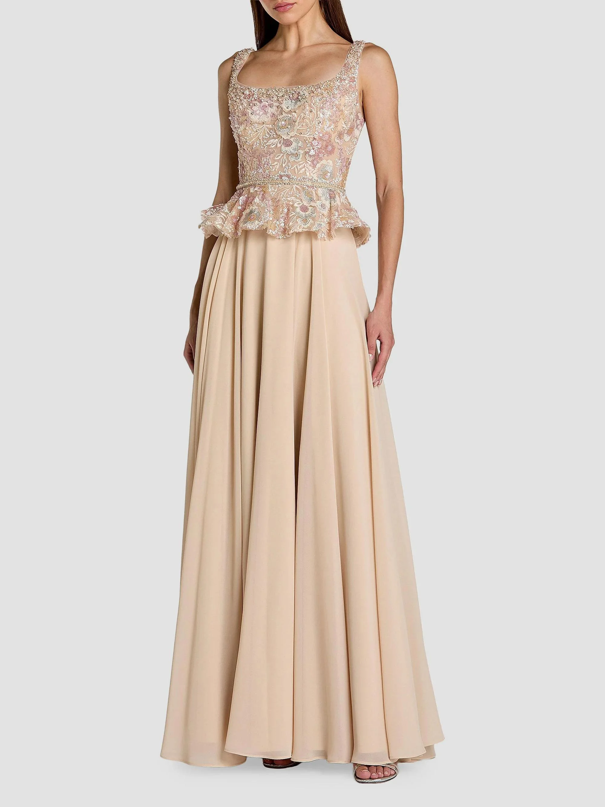 Women's Floral-Embroidered Peplum Gown - Champagne - 1