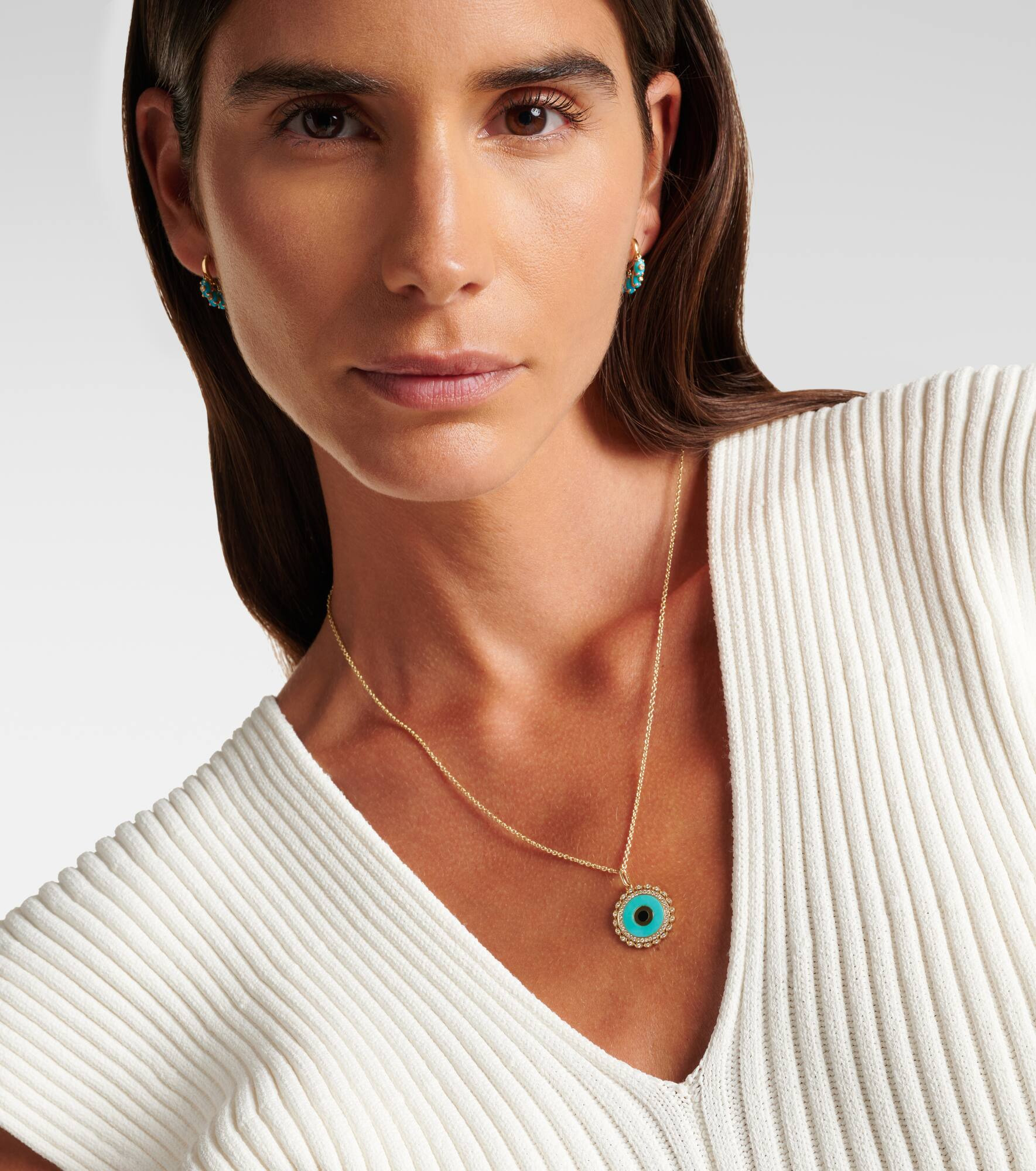 Large Evil Eye 14kt gold chain necklace with diamonds and turquoise - 3