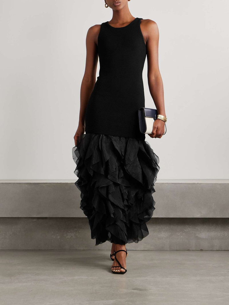 Aje. Elations ribbed-knit and ruffled organza maxi dress Black outlook