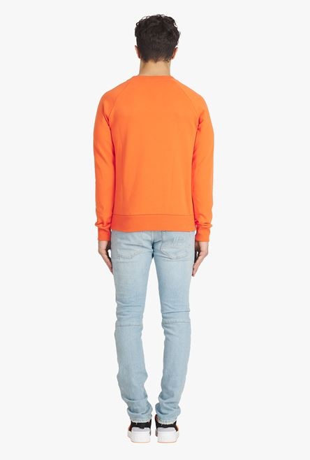 Bright orange eco-designed cotton sweatshirt with small flocked white Balmain Paris logo - 3