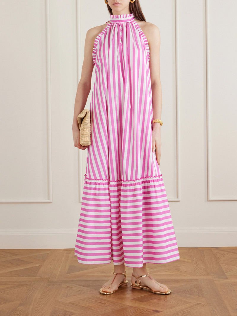 LORETTA CAPONI Melinda Ruched Striped Cotton-poplin Halterneck Maxi Dress outlook