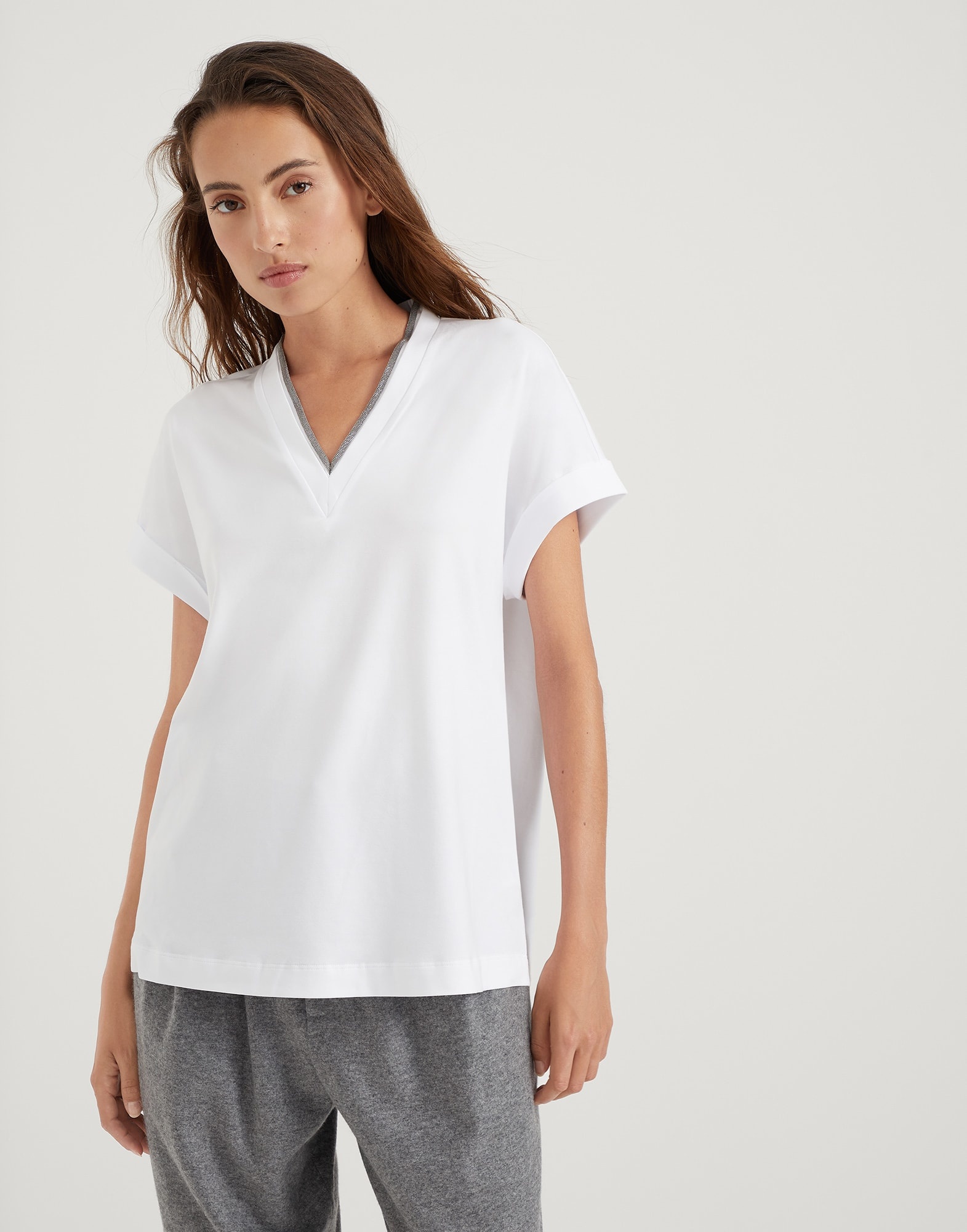 Stretch cotton jersey T-shirt with precious neckline - 1