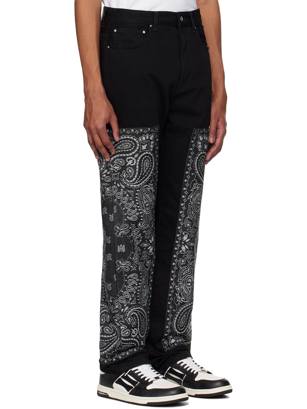 Black Bandana Jacquard Paneled Straight Jeans - 2