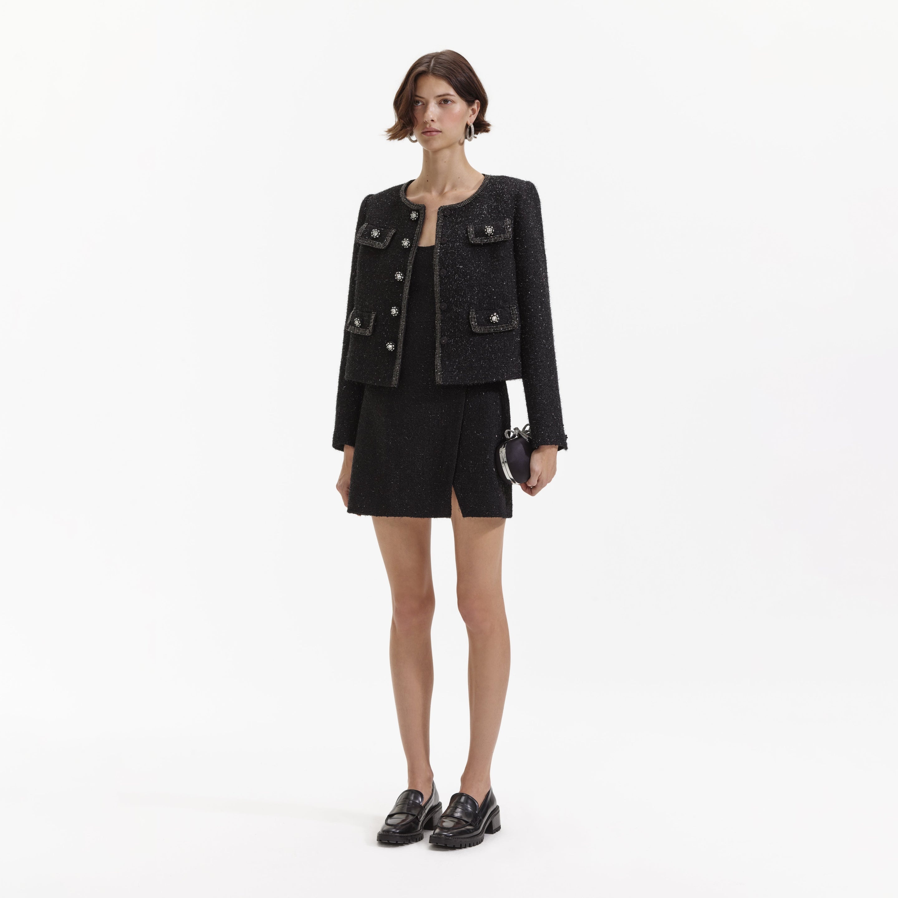 Black Boucle Trimmed Jacket - 3