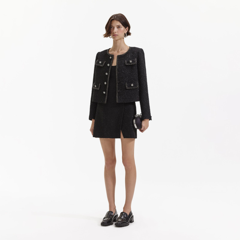 self-portrait Black Boucle Trimmed Jacket outlook