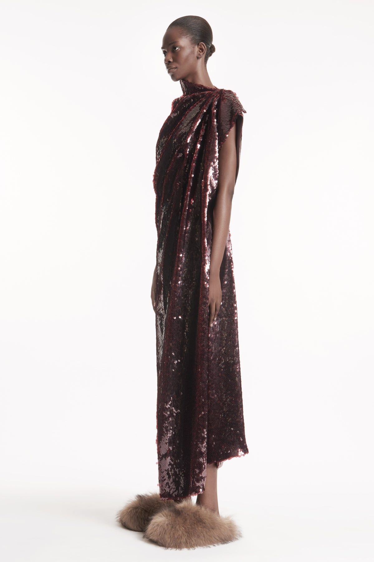 ASYMMETRIC DRAPED DRESS BURGUNDY - 2