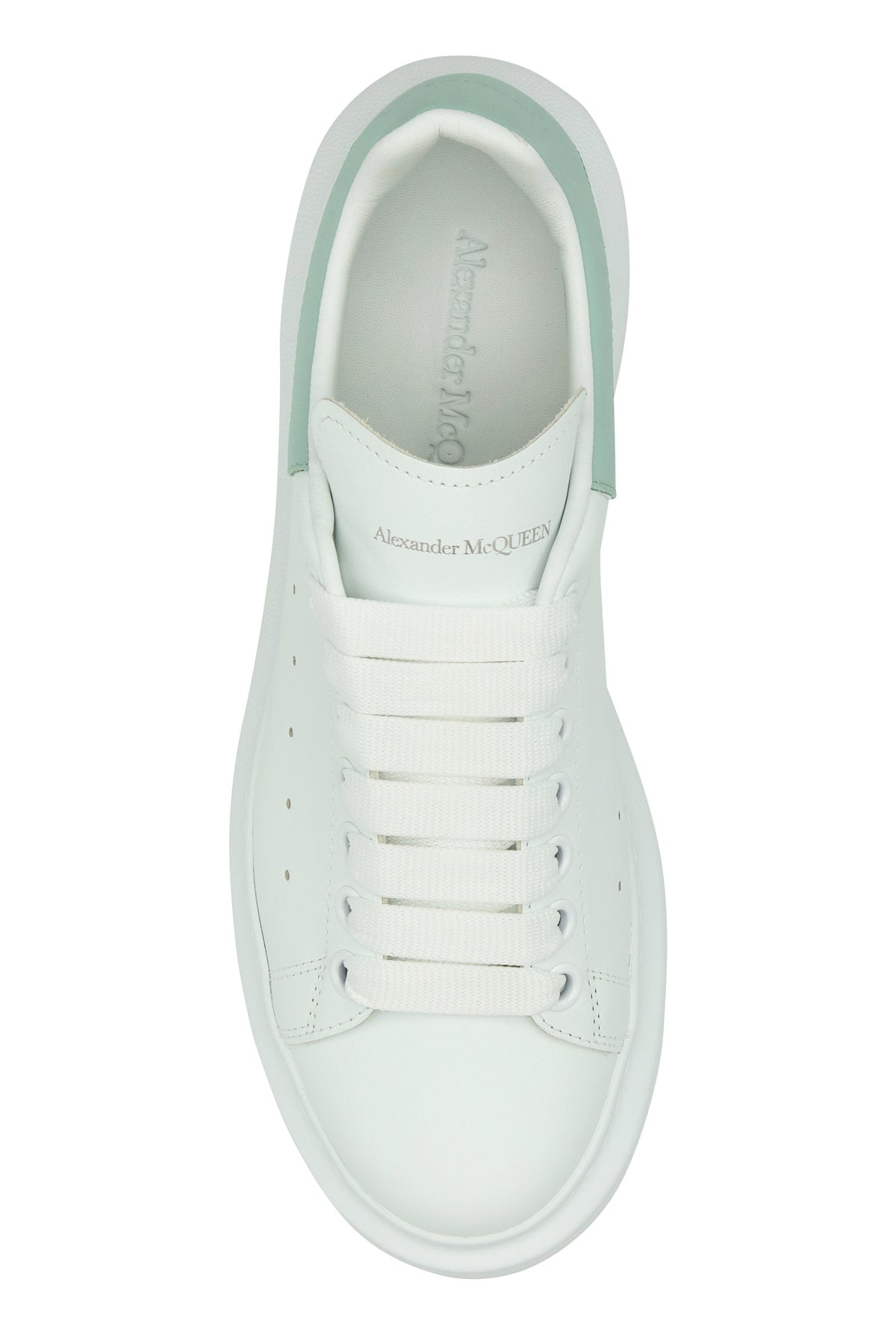 White leather sneakers with sea green leather heel - 4