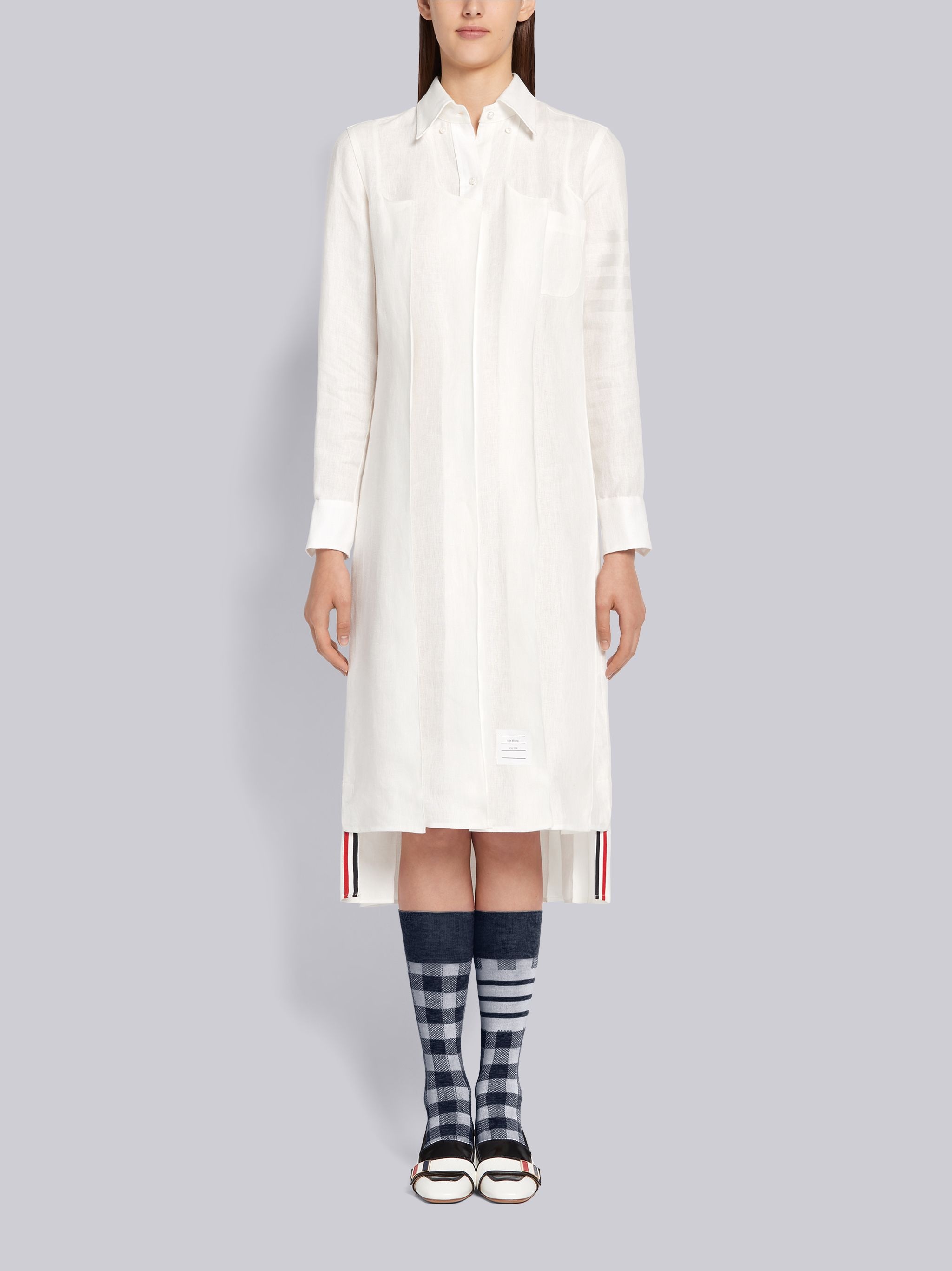 White Crispy Linen Inverted Pleat Below the Knee Tonal 4-Bar Dress - 1