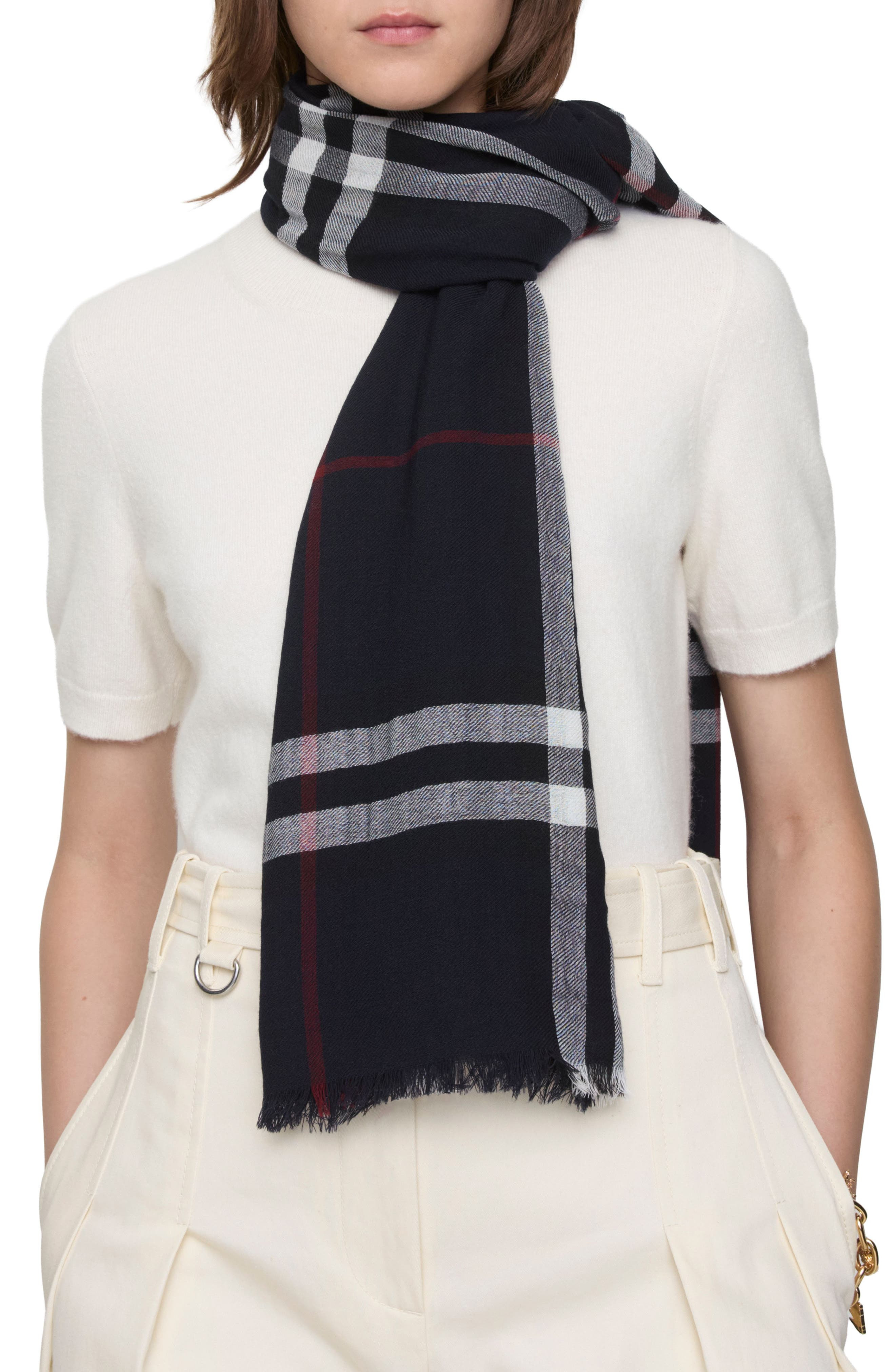 burberry Giant Check Lightweight Wool Scarf in Ink Blue at Nordstrom - 2