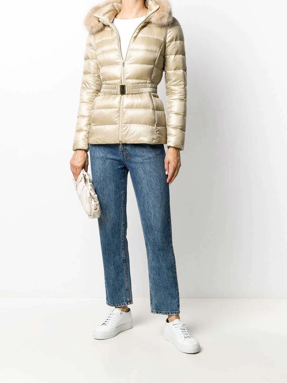 belted faux-fur trim jacket - 2