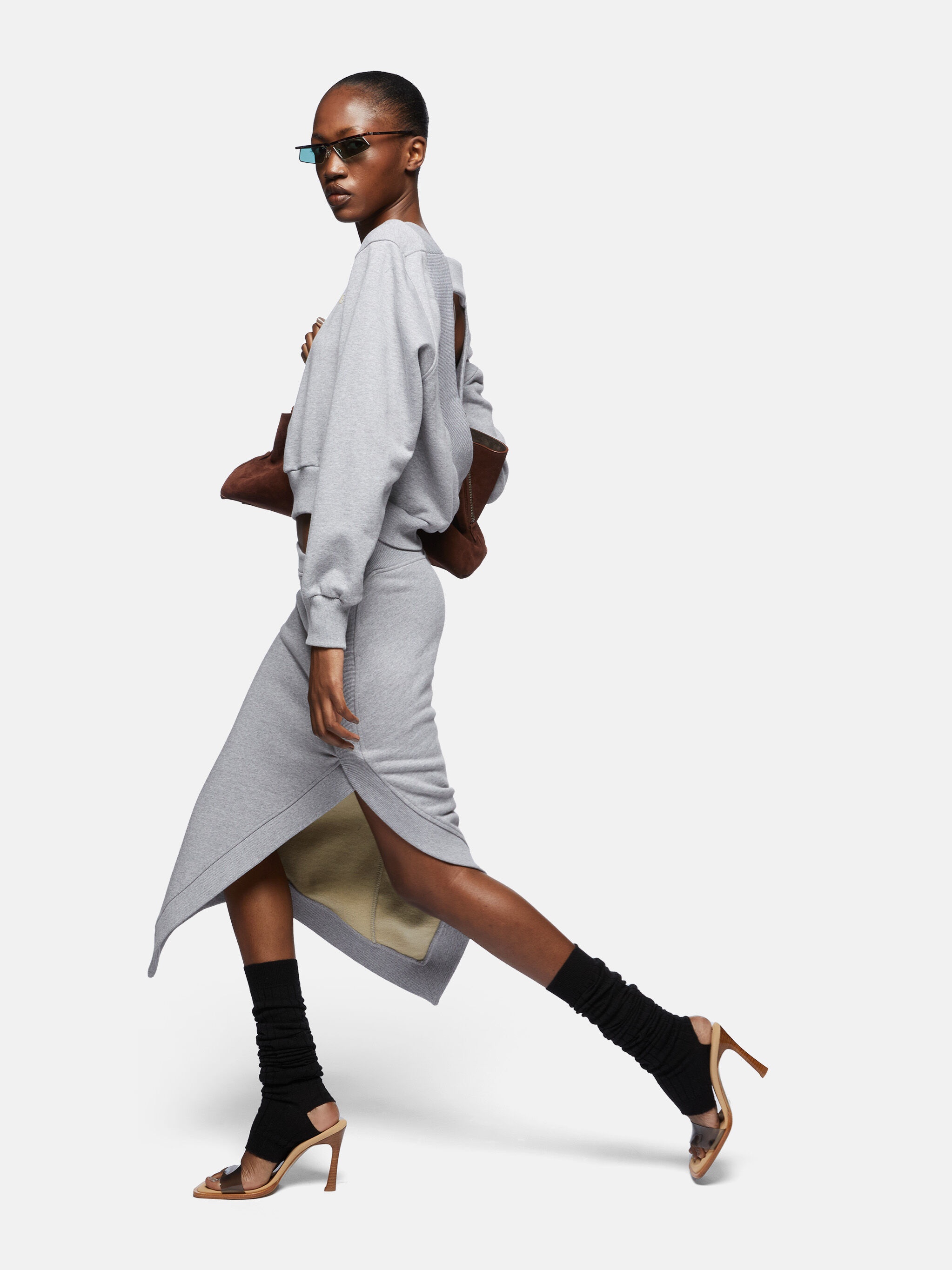MELANGE GREY AND BEIGE MIDI SKIRT - 4
