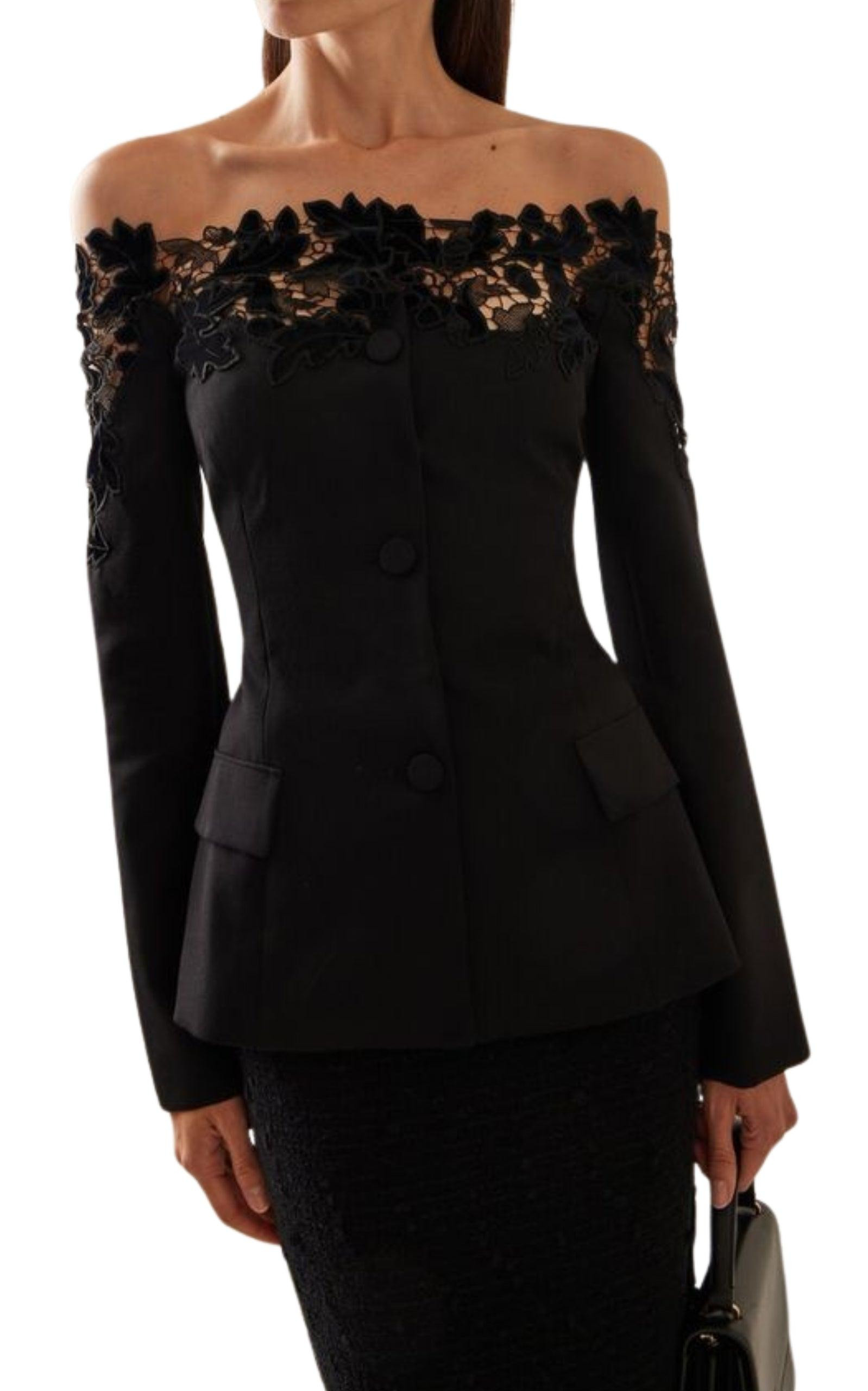 Off-Shoulder Velvet Guipure Lace Blazer - 3