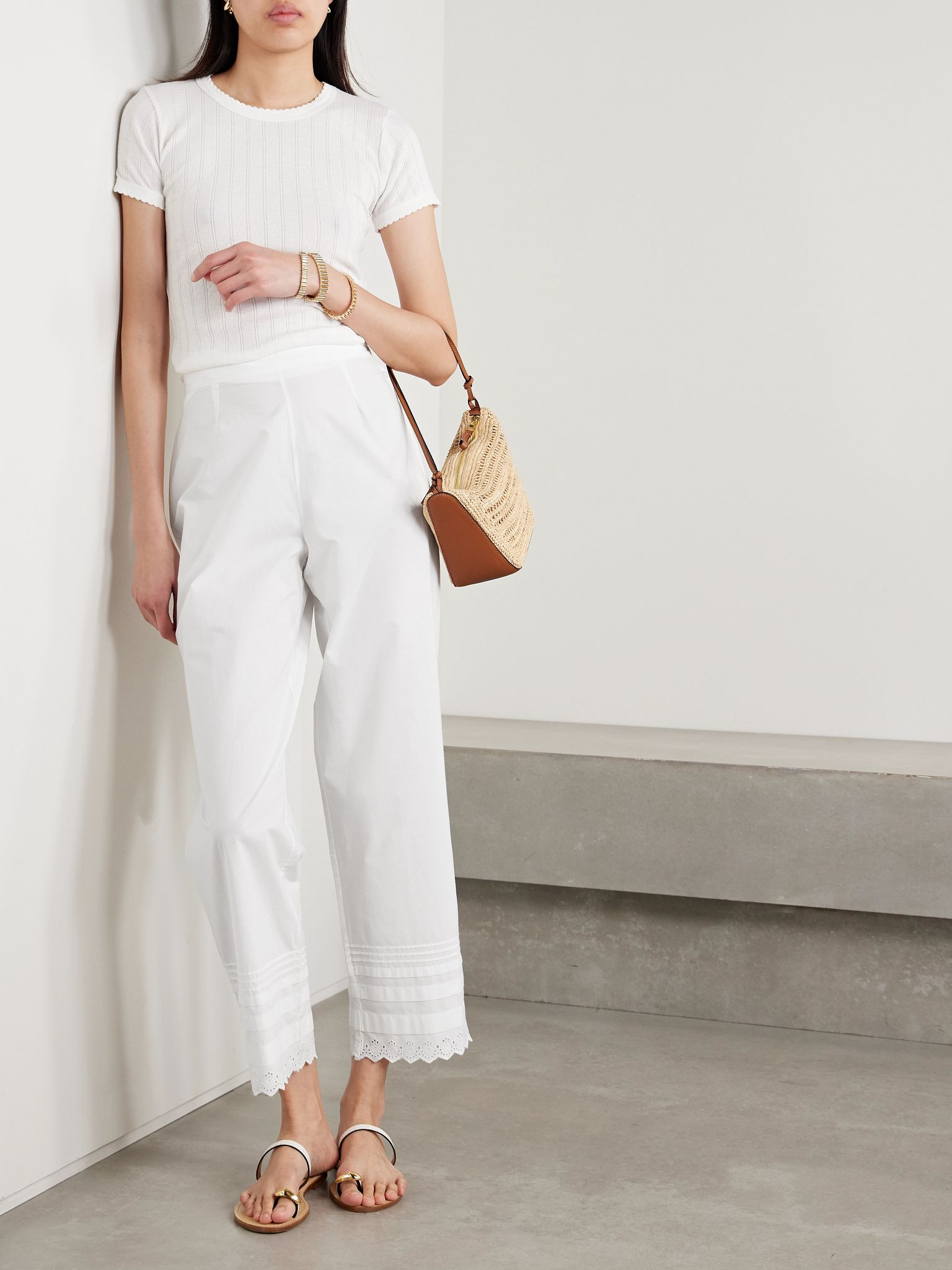 Francisca broderie anglaise-trimmed pintucked organic cotton-poplin straight-leg pants White - 2