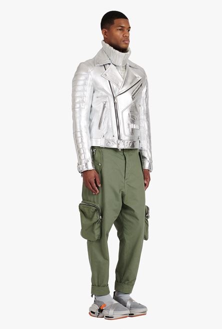 Silvery quilted leather biker jacket - 7