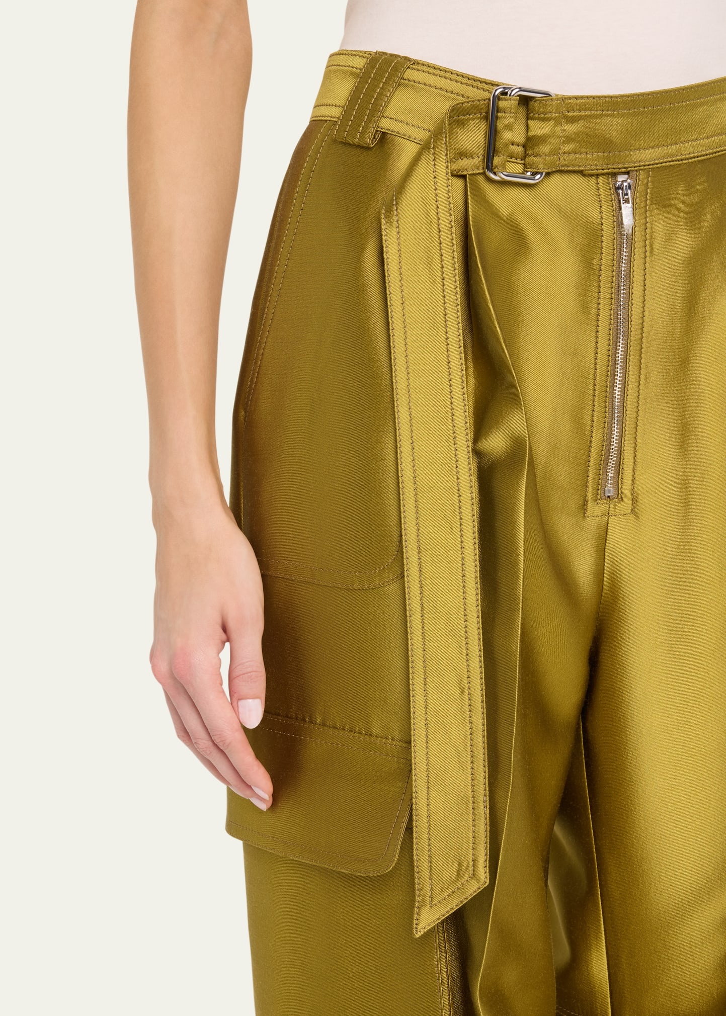 Belted Straight Leg Silk Cargo Pants - 5
