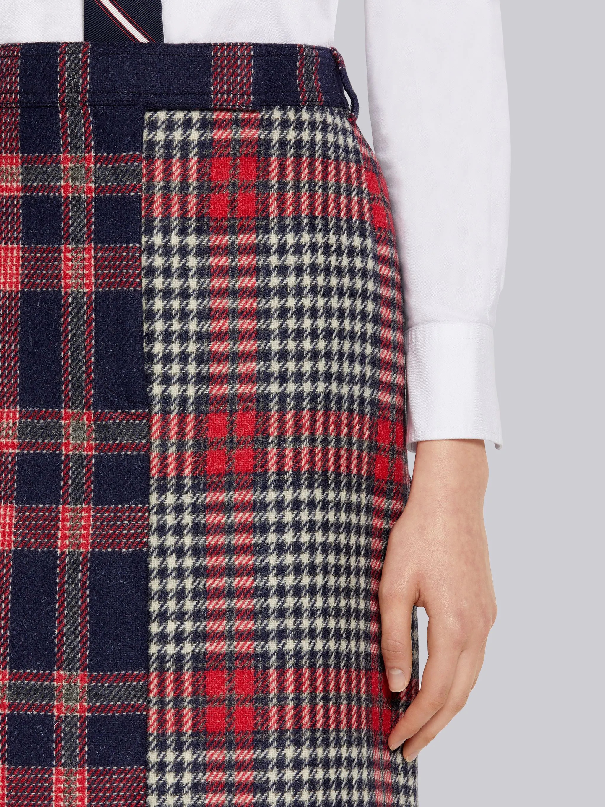 Multicolor Grid Windowpane Check British Wool Below-the-Knee Utility Skirt - 5