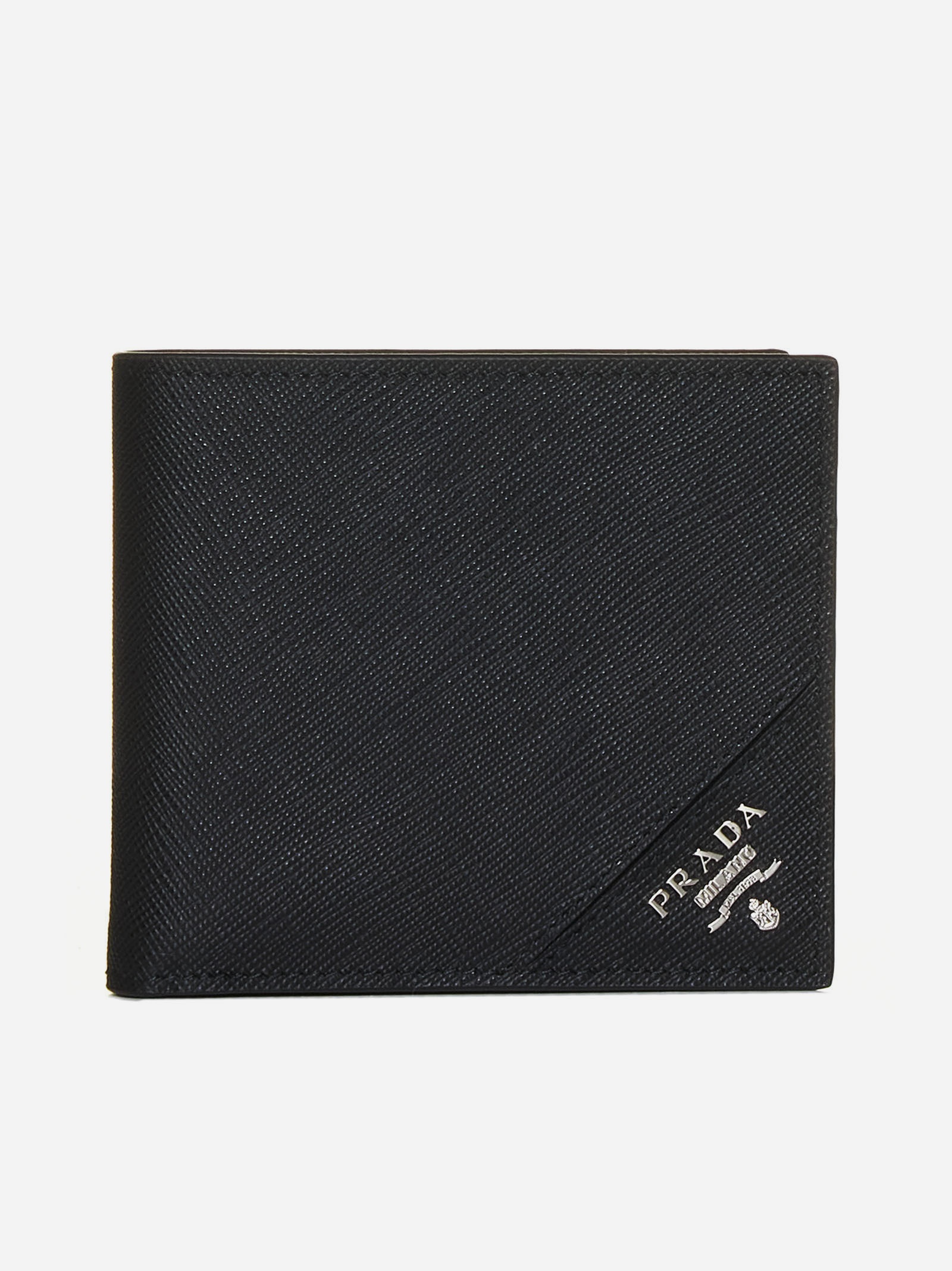 Prada black saffiano leather embossed 2024 logo bifold wallet