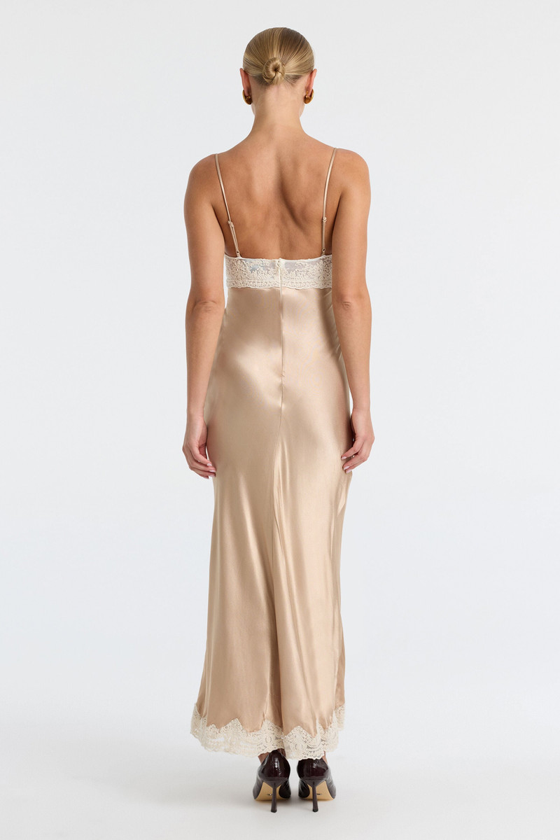 Tzariana Satin Lace Midi Dress In Golden 5